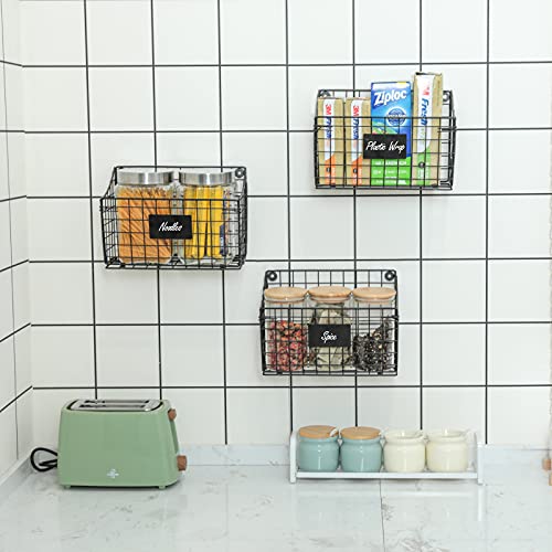 Wall Mounted Bin Basket With 5 Hooks 3 Label Plate Adhesive-3 Pack, Cabinet Hanging Metal Wire Basket,Rustic Farmhouse Decor, Storage Organization Shelf For Pantry Kitchen Bathroom 10.6*7.5*5.1Inch #TOP2