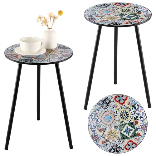 2 Packs Metal Mosaic Round Side Tables 13.4' Small Outdoor Patio Round Accent Coffee Tables Indoor Corner Stand for Small Spaces Weather-Resistant for Balcony, Porch Plant Stands Indoor, Mixed Mosaic