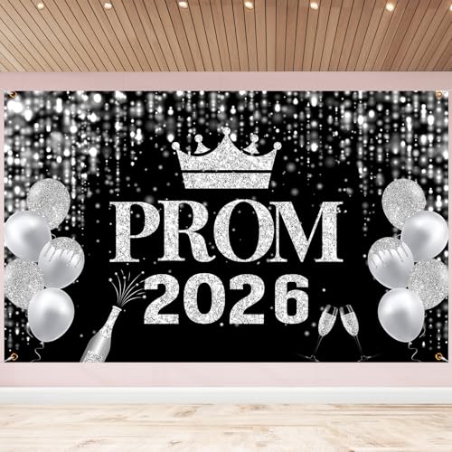 Prom Night Backdrop 2026 Prom Background 2026,Sliver Glitter Prom Banner for Photoshoot 2026,Prom Send Off Backdrop Graduation Decorations by HAKOTI - Used condition - US$6.75