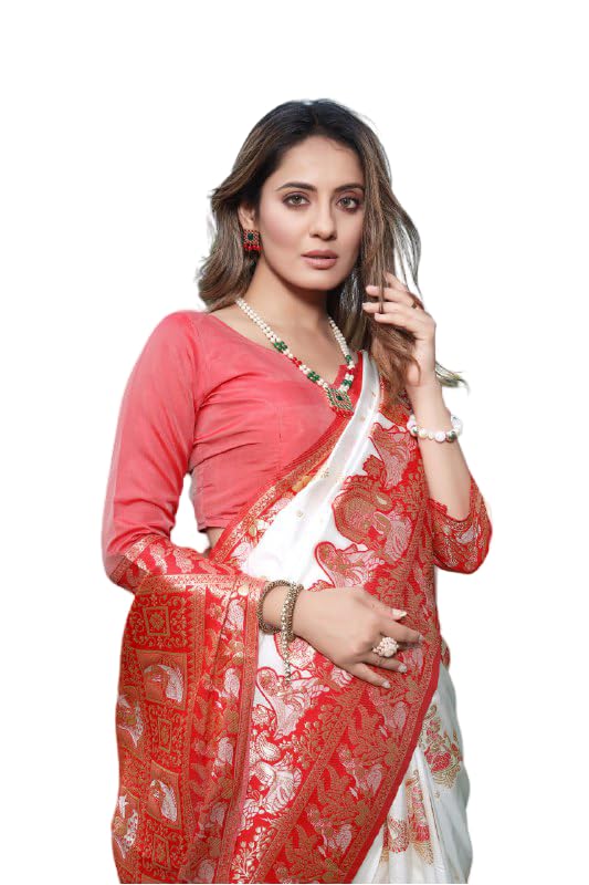 Flosive Women's Kanjivaram Creamy Off-White And Red Zari Border Silk Saree With Blouse