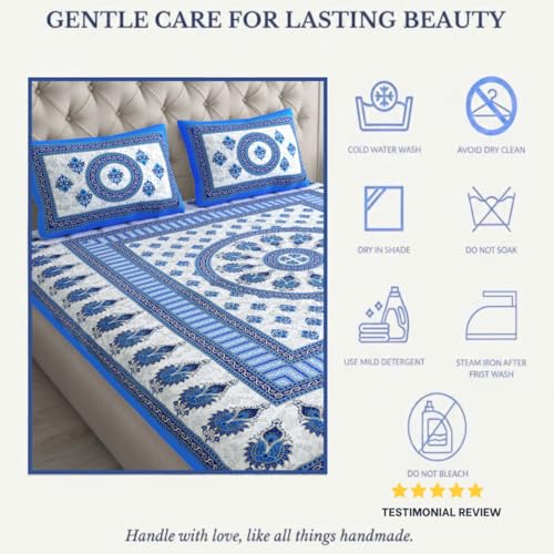 Image of JAIPUR PRINTS 100% Cotton Bedsheet for Double Size Bed bedsheets Rajasthani Jaipuri Printed Double Size Bedsheet with 2 Pillow Cover / 90x100 inch / 235x215 cm / (Blue & White)