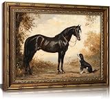 Vintage Gold Framed Horse Wall Art Black Horse and Dog Cottagecore Oil Painting Canvas Prints Retro Equestrian Rural Scenery Picture Poster Rustic Farmhouse Animal Artwork for Living Room Bedroom