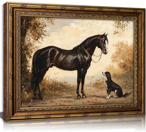 Vintage Gold Framed Horse Wall Art Black Horse and Dog
