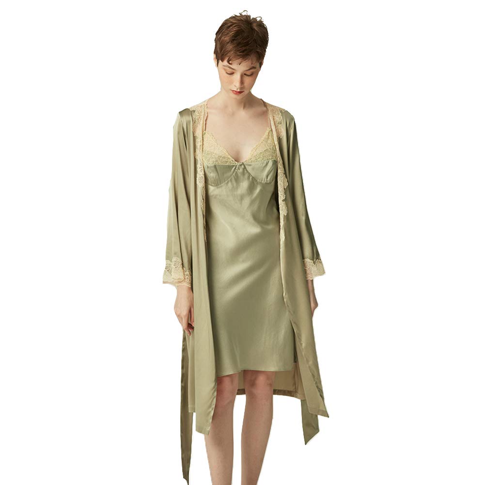 Camicia da Notte in Seta di Pizzo Francese, Vestaglia di Seta (Bretelle escluse),S (Verde Grande)