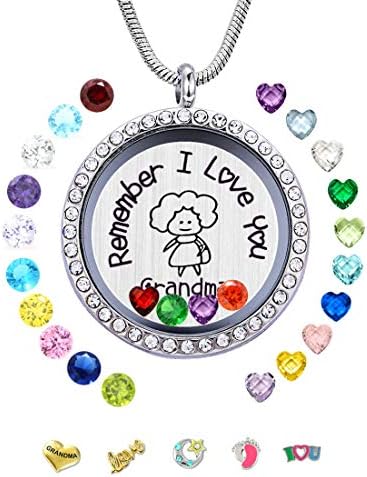 Mixso30mm Stainless Steel Living Memory Floating Locket Necklace Pendant with Charms and 24 Birthstones, Best Gifts for Women