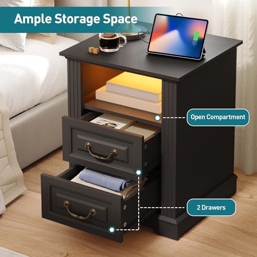 Image of RALGEND Farmhouse End Table with 2 Drawers, Nightstand with Charging Station, End Tables Living Room with LED Lights, Bedside Table for Bedroom, Living Room, Black