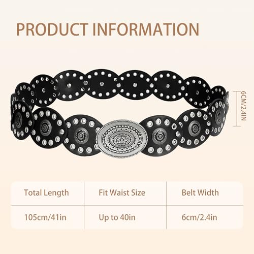 Boho Leather Belt for Women, Western Concho Circe Design, Vintage Cowgirl Waist Belt for Music Festivals, Dresses and Jeans, Fits Waist up to 42 Inches2