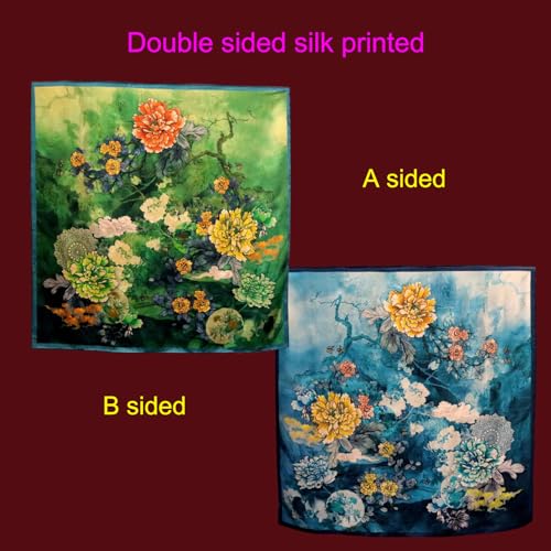 HangErFeng Women Scarf Silk Fragrant Cloud Yarn Square Peony Pattern Double Printed Green Shawl 871 onesize2
