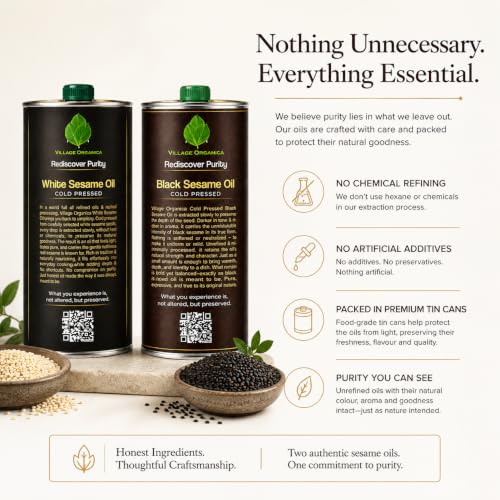 Image of Village-Organica Cold Pressed Black and White Sesame Oil Combo | Black Til OIl & White Til Oil | 1000 ml Each | Unrefined | Tin Cans | Total 1000ml *2