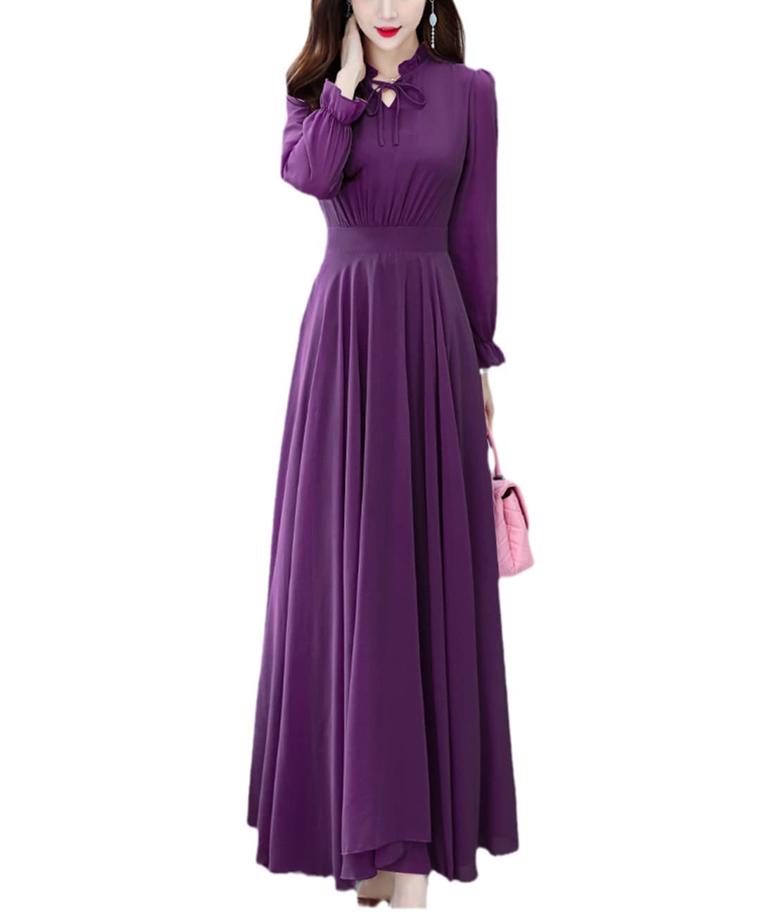 Suwequest Maxi Abito Primavera Autunno Nero Casual Spiaggia Midi Vestito Da Donna Partito Aderente Manica Lunga N, Viola, XXL