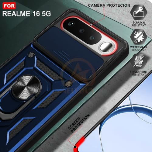 Image of Armor Bumper Back Cover Case for Realme 16 5G | Rotating Camera Cover, Ring Holder & Kickstand | Heavy Duty & 360 Degree Protection Realme 16 5G Back Cover (Blue)