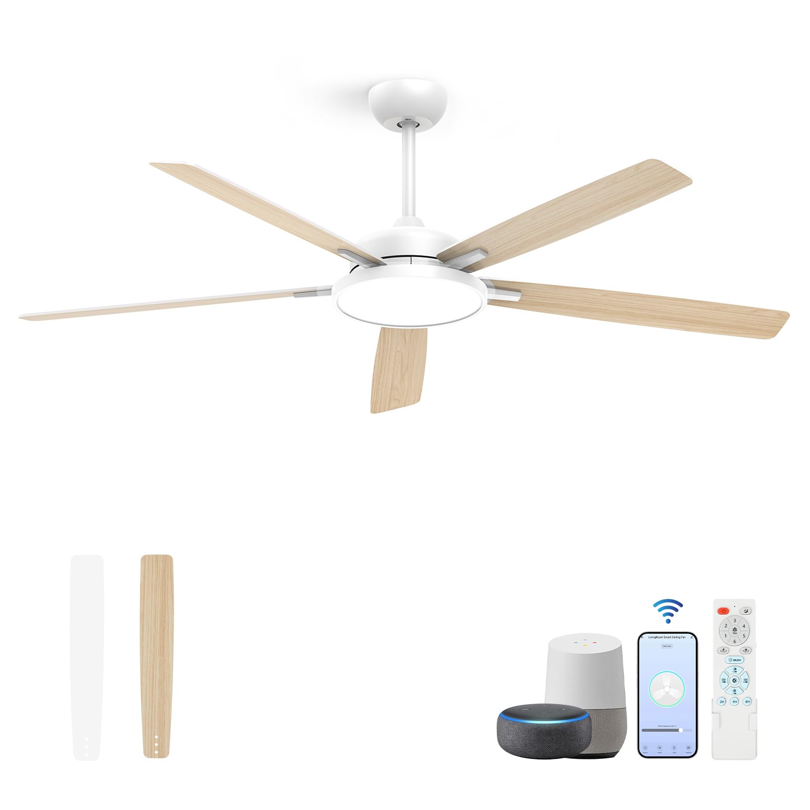 Roomratv Ceiling Fans with Lights,62 Inch Smart Ceiling Fan,Remote and App Control,Dimmable,Reversible,Noiseless, Compatible with Alexa,Google Home,