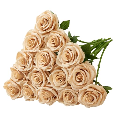 Carlita‘s Blooms 15pcs Fake Roses Artificial Silk Flowers Faux Rose Flower Long Stems Bouquet for Arrangement Wedding Centerpiece Party Home Kitchen Decor