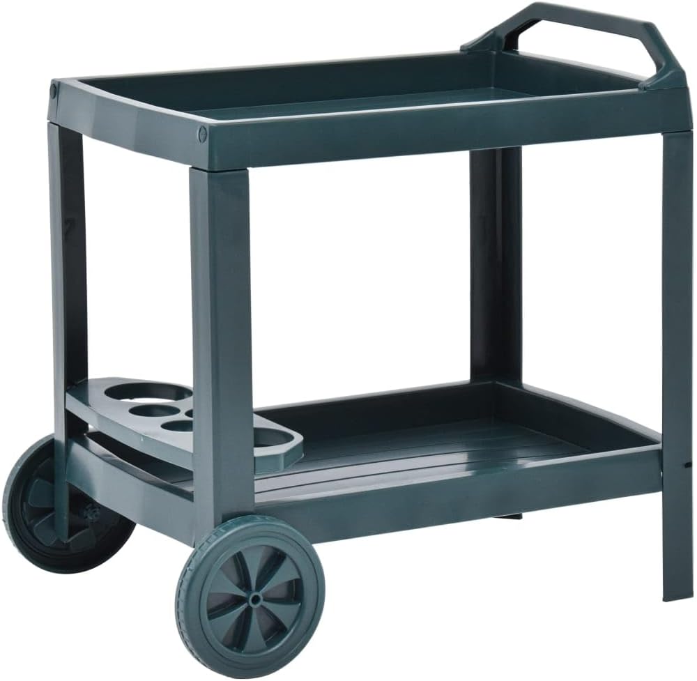 Beverage Cart Green Durable Plastic Kitchen cart with Wheels 27.2"x20.9"x28.3" Rolling Kitchen Island Trolley for Food Serving and Storage with Wine Glass Holder Easy maneuvering