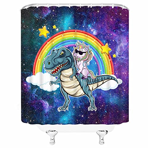 Edomgnih Funny Unicorn Riding Dinosaur Shower Curtain Children Cool Cute Cartoon Animal Rainbow Fantasy Galaxy Space Universe Clouds Kids Fabric Bathroom Decor Set With Hooks(70" Wx70 H) #TOP2