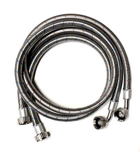 2-Pack Premium High-Flow Stainless Steel Washing Machine Hoses - 4 FT No-Lead Burst Proof Red and Blue Lined Water Inlet Supply Lines - Universal 90 Degree Elbow Connection - 10 Year Warranty by Shark Industrial - Used condition - US$21.76