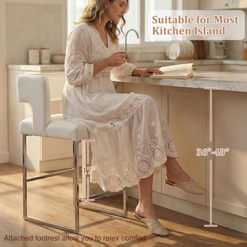 Image of 26 inch H Bar Stools Set of 4 with Back, Faux Leather Counter Height Stools with Footrest, Square Metal Frame, Modern Upholstered Bar Chairs for Kitchen Island /Dining Room, White & Silver Legs