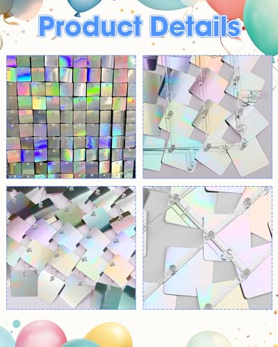 Image of Iridescent Silver Shimmer Wall Backdrop 36 Panels Cover 6 x 6 Ft, Photo Backdrops for Wedding,Anniversary,Birthday,Party Decoration