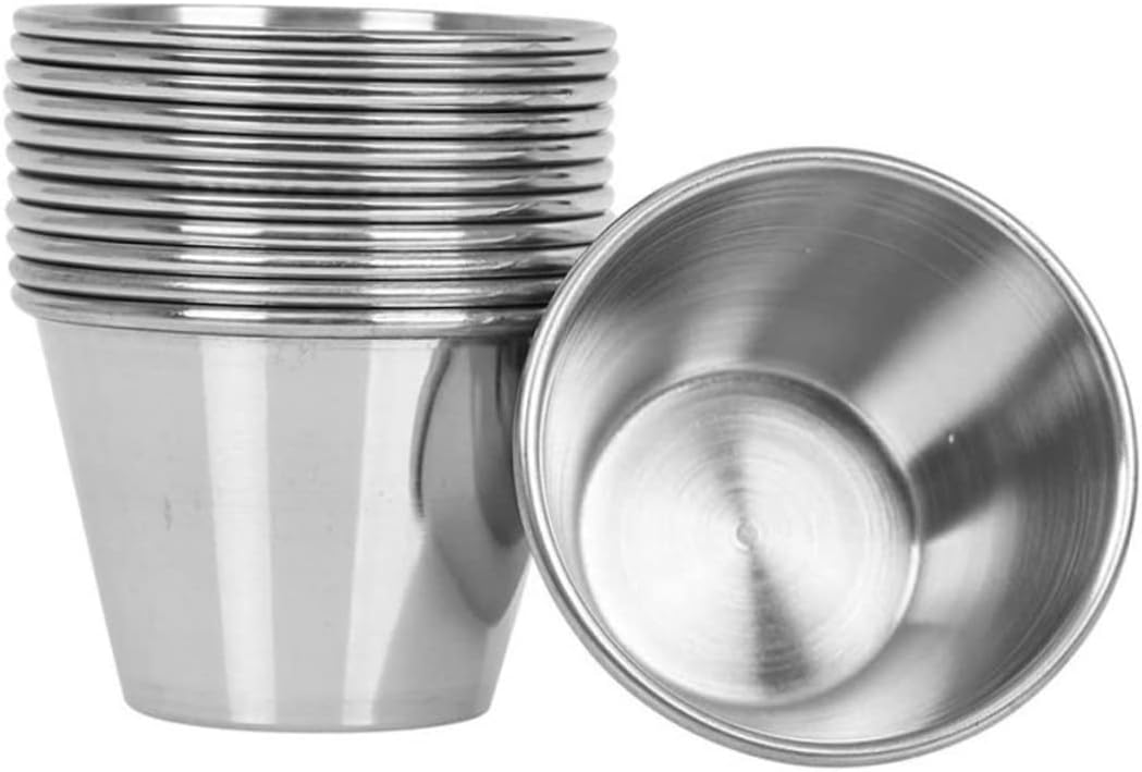 KICHOUSE 12pcs Dipping and Portion Cups Round Sauce Dishes Small Condiments Bowls Stainless Steel Sauce Cups for Chili Mustard