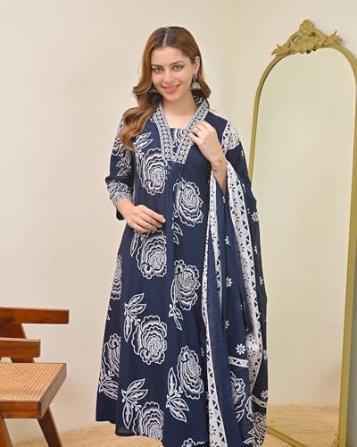 Image of Klosia Women Printed A-Line Kurta and Pant Set with Dupatta | Printed Kurta Set | A-Line Kurta Set | Women Kurta Sets | Summer Suit |