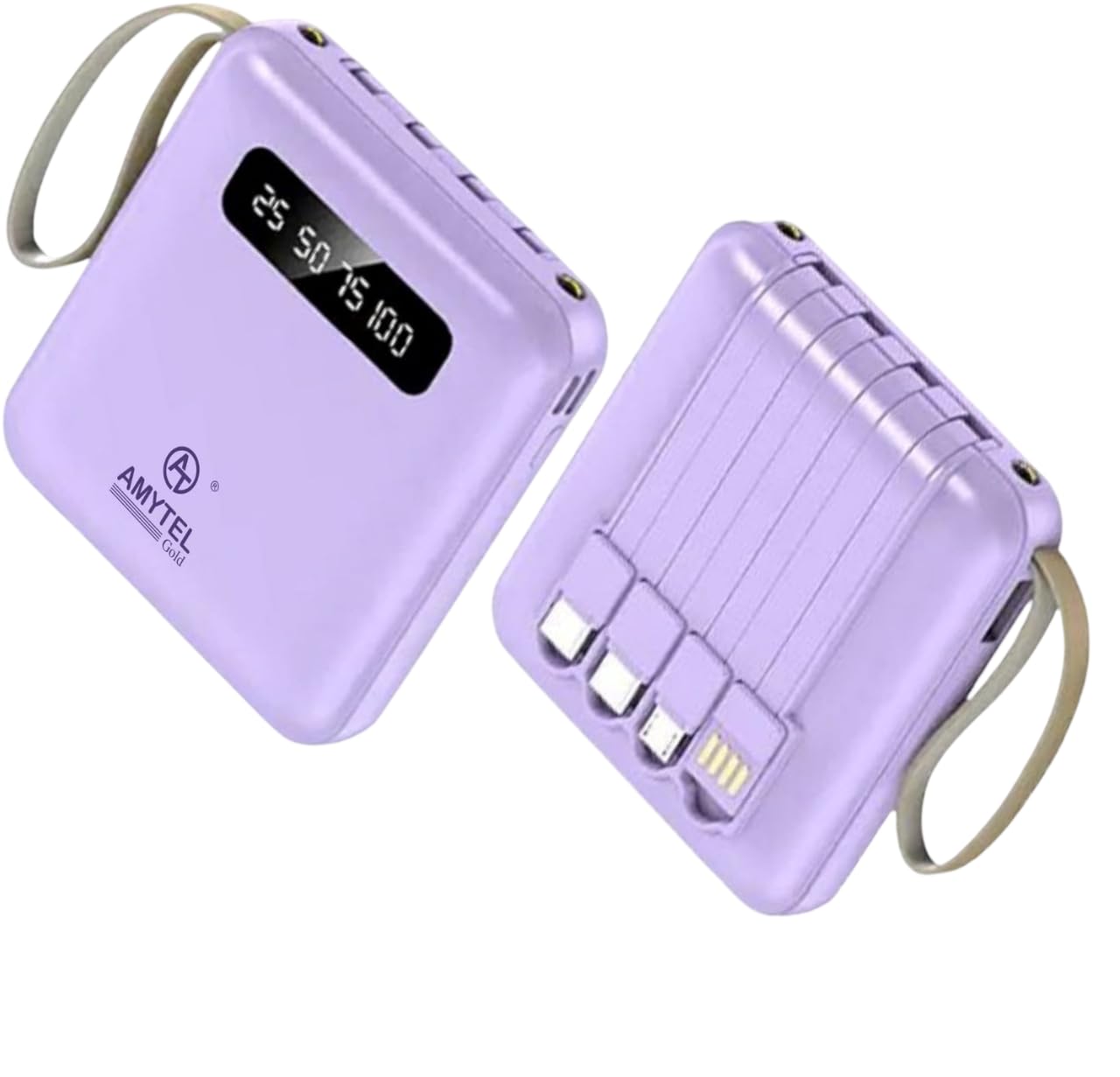 10000mAh Mini 4-Wire Power Bank with Built-in Type-C, Micro & Lightning Cables, Portable Fast Charging Power Bank for Mobile – Purple