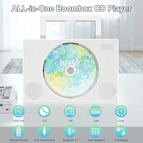 Portable CD Player Boombox with Bluetooth - Jimwey Rechargeable Desktop CD Player with Speakers, Supports CD/AUX/USB/FM Radio, CD Players for Home with LED Display and Remote, Mini Cd Boombox for Kids