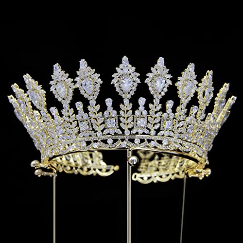 Qxmyoo Luxury Wedding Tiaras Large 5A Cubic Zirconia Round Pageant Crown For Women Huge Princess Queen Crown Crystal Headband Big Bridal Hair Accessories (Gold) #TOP13