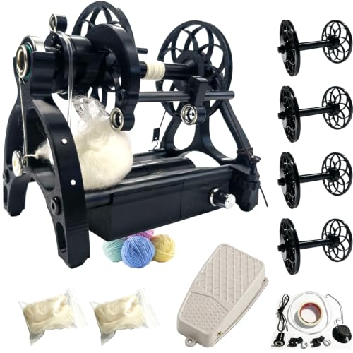 Electric Yarn Winder Electric Yarn Spinner Kit Spinning Wheel for Wool with Foot Controller & 4 Bobbins Small Wool Spinner with Forward & Reverse(Black)