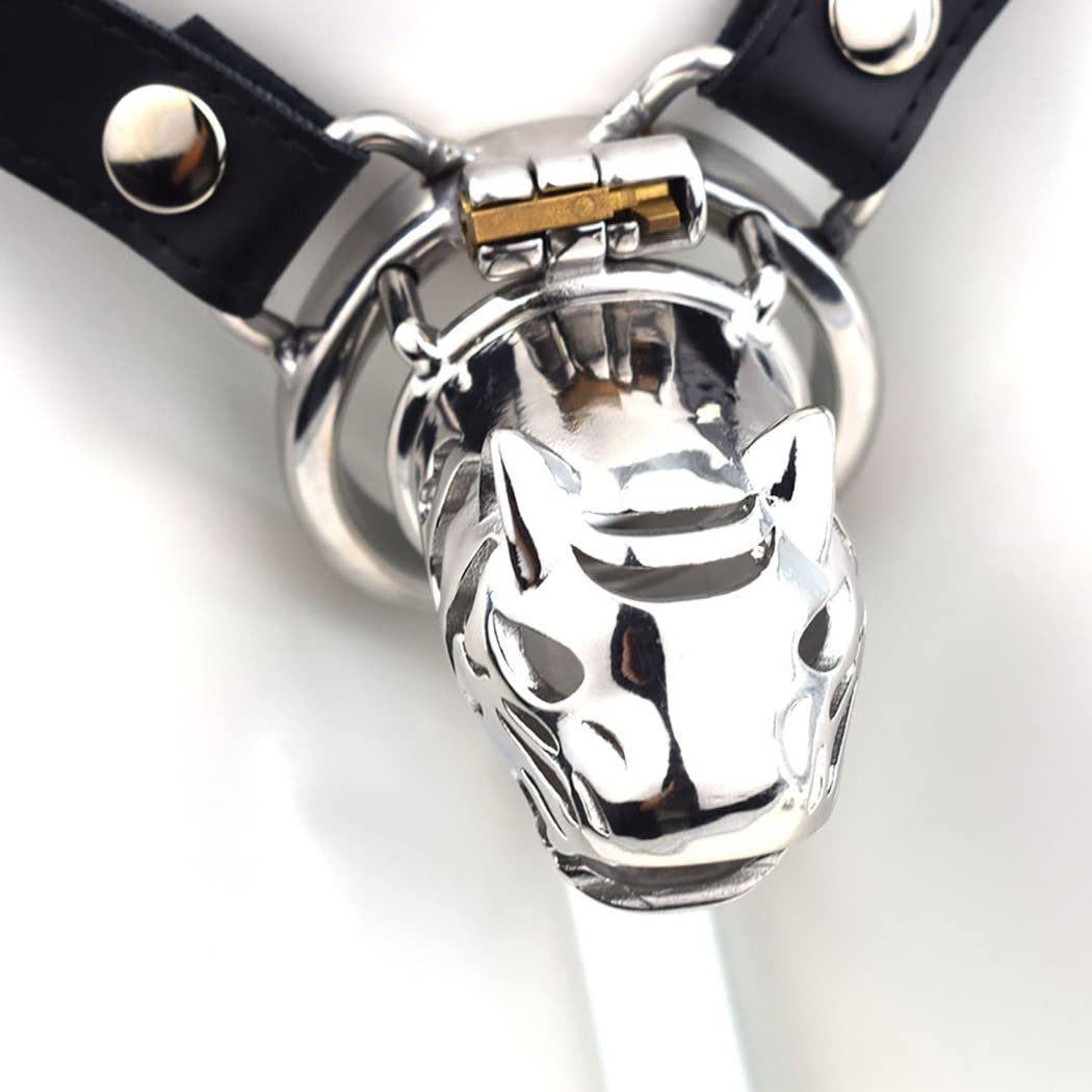 Men's Chastity Belt Extreme Cock Cage, Stainless Steel Tiger Chastity Cage Penis Cage for Men SM Snap Cock Ring Long/Short Metal Animal Head Cock Cage Male Sex Toy,Long/b,50mm