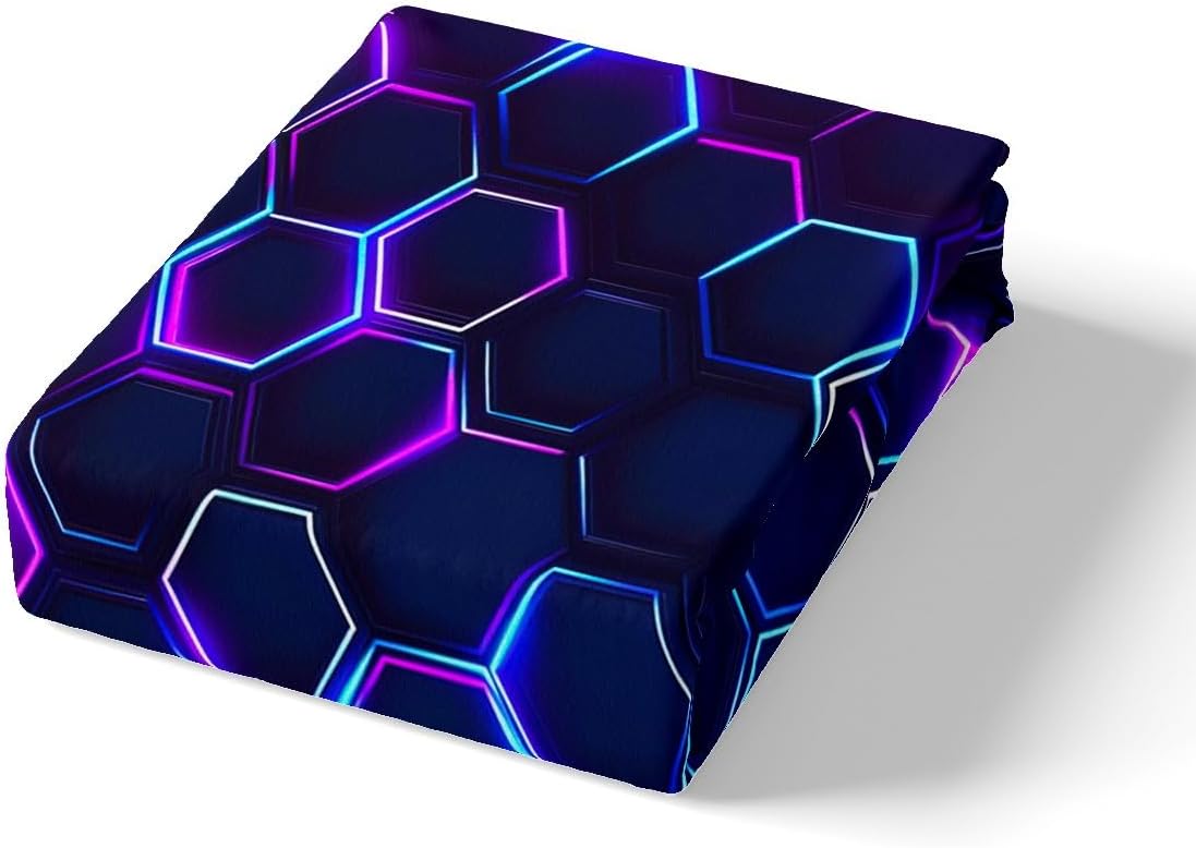 Castle Fairy 3D Honeycomb Bedding Sets Toddler Size,Abstract Hexagon Theme Reversible Duvet Cover 2Pcs for Kids Bedroom,Blue Purple Neon Light Print Black Quilt Cover,1 Pillowcase (No Comforter)