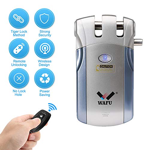 WAFU WF-018 Cerradura Inalámbrica Inteligente Cerradura Control Remoto Cerradura Invisible con 4 Control Remotos, Azul + Plata