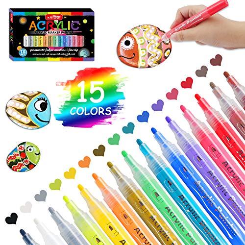 YITHINC Acrylic Paint Pens,15 Colors Permanent Waterbased Marker Pen for Rock Painting Ceramic,Glass, Wood, Canva,Pebbles, Fabric,DIY Craft Projects,Metal,Easter Egg,Medium Tip,Quick Dry