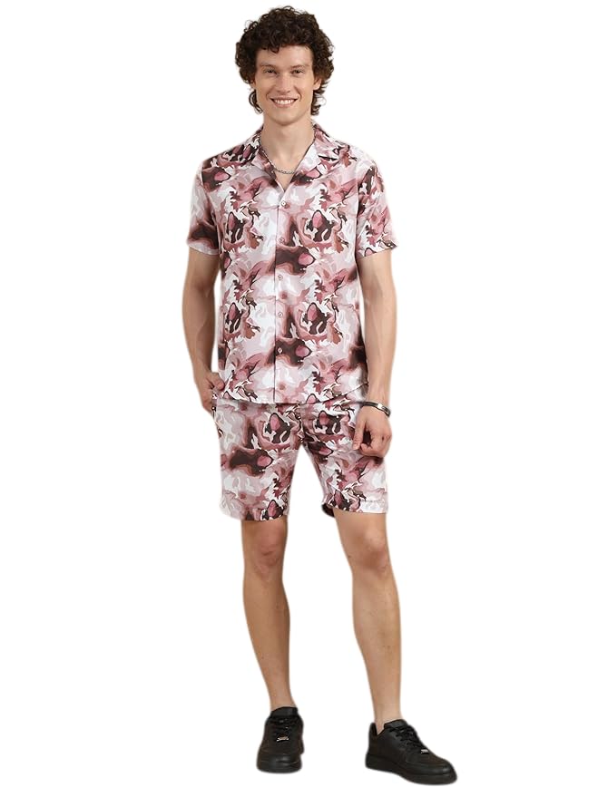 bushirt Men’s Casual Co-Ords Set Half-Sleeve Rayon Printed with Lapel Collar & Comfortable Shorts - Regular Western Style Night Suit Pastel Pink-L-picture-44