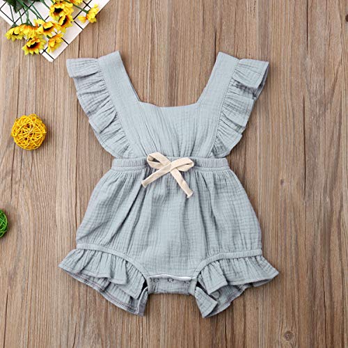 Qiylii Infant Baby Girl Ruffle Sleeve Romper One-Piece Bowknot Cotton Bodysuit Jumpsuit Outfit Clothes (12-18 Months, Gray)