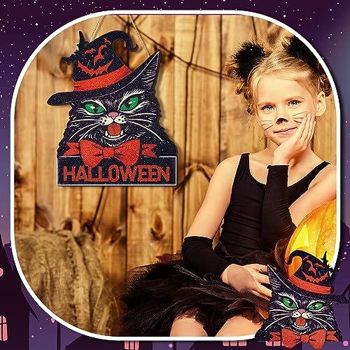 Décoration de porte en bois avec chat noir pour fêter Halloween en famille