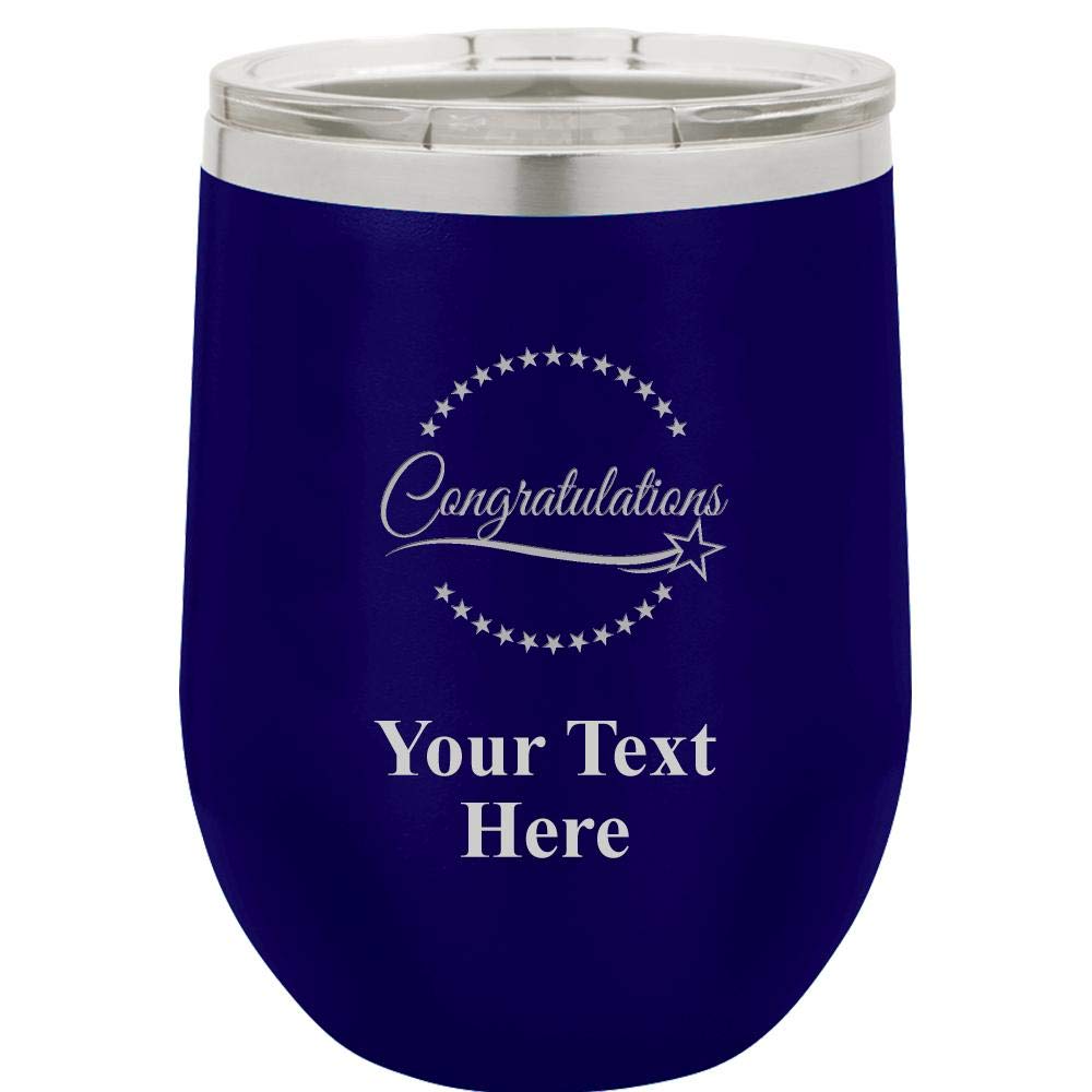 Congratulations Mug - 12oz Navy Blue Stainless Steel Vacuum Insulated Hot/Cold Travel Wine Tumbler with Clear Lid - Great Customizable Gift And BPA Free Prime