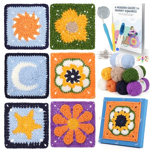 Coopay Granny Square - Juego de crochet para principiantes, 6 cuadrados, juego de ganchillo con patrón de ganchillo paso a paso, juego de crochet para principiantes con aguja de ganchillo, hilo de