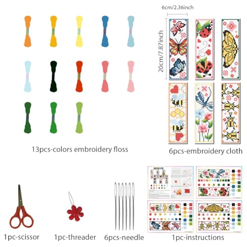 Image of FREEBLOSS 6 Set Insect Cross Stitch Bookmark Stamped Cross Stitch Kit with Garden Insect Patterns Embroidery Kit with Instruction DIY Bookmark Kit for Gift Adults 8.67''x3''