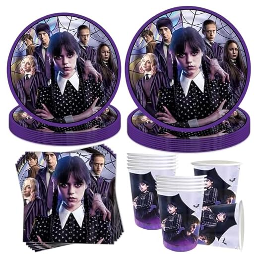 Sunshine smile 50 piezas Wednesday Geburtstagsdeko,Wednesday Partygeschirr Geburtstag,Wednesday Partygeschirr Set,Kindergeburtstag Party Tableware Supplies,für Mädchen Geburtstagsdeko