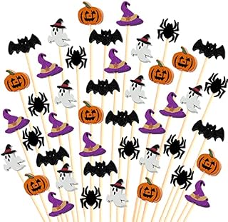 100pcs Halloween Cocktail Sticks Long Fruit Picks Dessert Toothpicks Sandwich Appetizer Charcuterie Skewers, Made of Bamboo Wood, for Halloween Pumpkin Spider Bat Witch Ghost Decoration Party Supplies