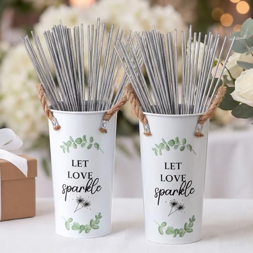 Jingmore 2 Pcs Wedding Sparklers Galvanized Metal Buckets Let Love Sparkle Wedding Send Off Buckets Anniversary Engagement Bridal Shower Excluded Sparkler(Eucalyptus Leaves Silvery Gray 9.8 Inches)