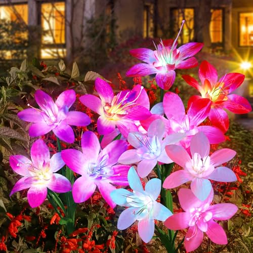 Aukora Solar Garden Lights Outdoor 5 Pack, 5 Colors Lily Flowers & 7-Color Changing Slide Beads Waterproof for Outside Pathway Patio Yard Decorations, Gifts for Mom Women, Red Yellow Blue White Purple by Aukora - Used condition - US$16.00