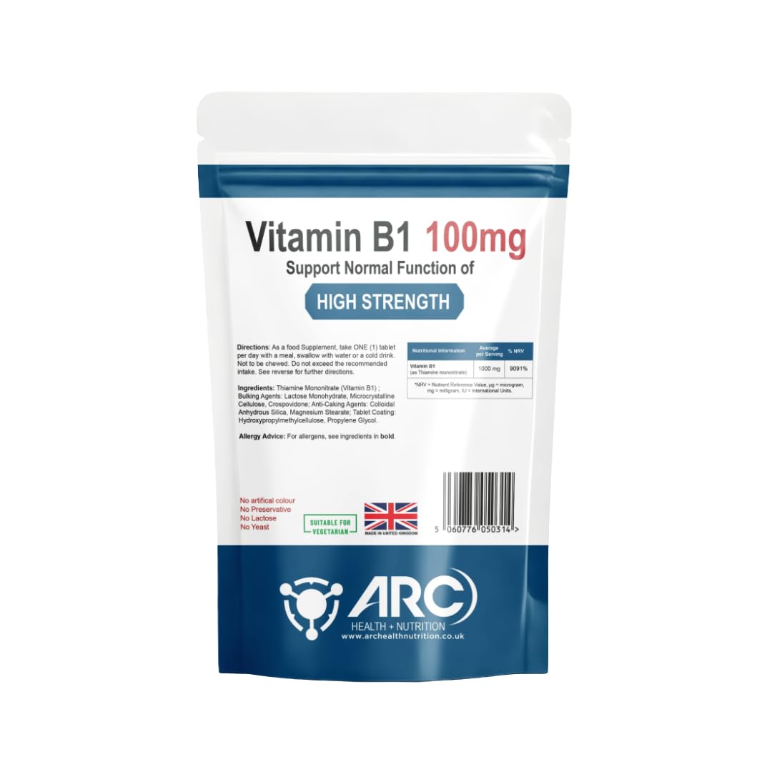 Vitamin B1 Thiamine 100mg 365 Vegetarian Tablets - High Strength B1 Supplement, Supports Energy Production, Made in The UK