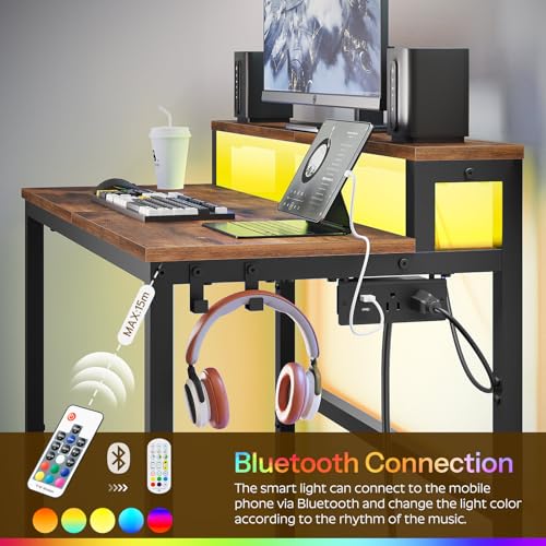 Image of YATINEY Small Computer Desk with Charging Station and LED Lights, Gaming Desk with Monitor Stand, 2-Tier Home Office Desk with 4 Side Hooks, for Living Room, Home Office, Rustic Brown DN01UDBRY2