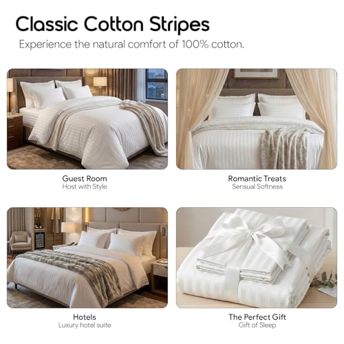 Image of LINENWALAS Cotton 300 Thread Count Single Size Bedsheet Set | 2 cm Sateen Stripe Design | Cloud-Soft, Breathable & Skin-Safe | Oeko-TEX Certified Hotel-Style Bedding (60 x 90, Mocha)