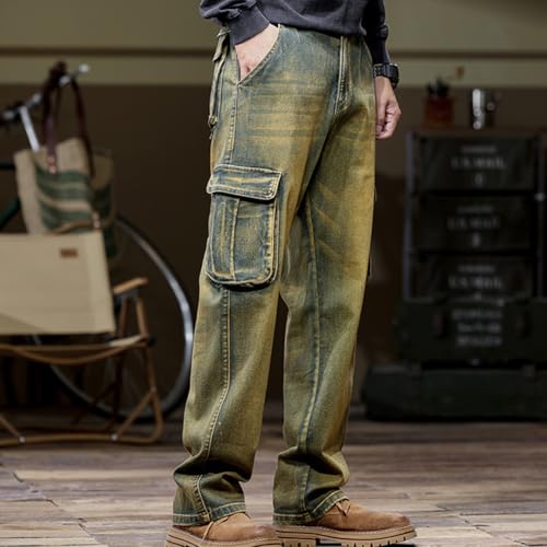 Straight Leg Stretch Cargo Denim Pants for Men Washed Relaxed Fit Jeans with Multi Pockets 28-443