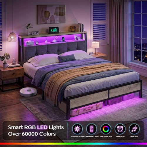 Image of Homkdom Queen Bed Frame with Upholstered Headboard & Charging Station