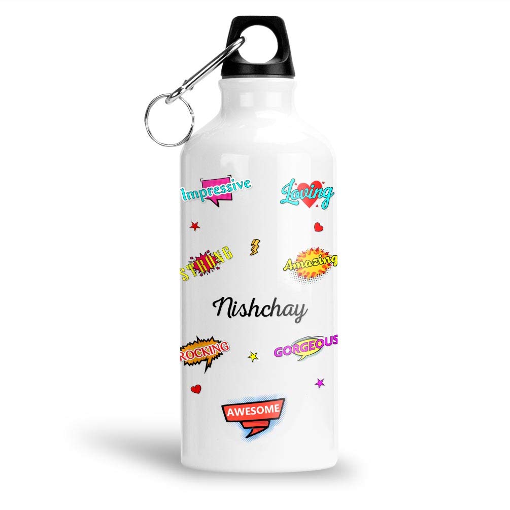 FABTODAY Aluminium White Sipper / Water Bottle 600 ML - Best Personalized Gift for Happy Birthday, Name - Nishchay