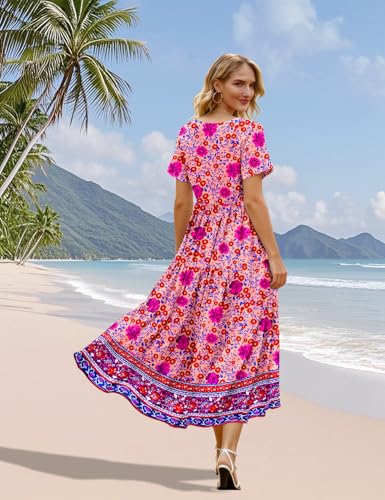Image of YESNO Women's Summer Maxi Dresses Casual Floral Short Sleeve V Neck Boho Beach Vacation Swing Dress with Pockets EVF