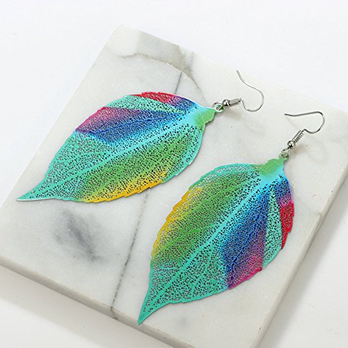 Fashion Metal Hollow Colorful Leaf Pendant Drop Hook Earrings Statement Jewelry - Blue